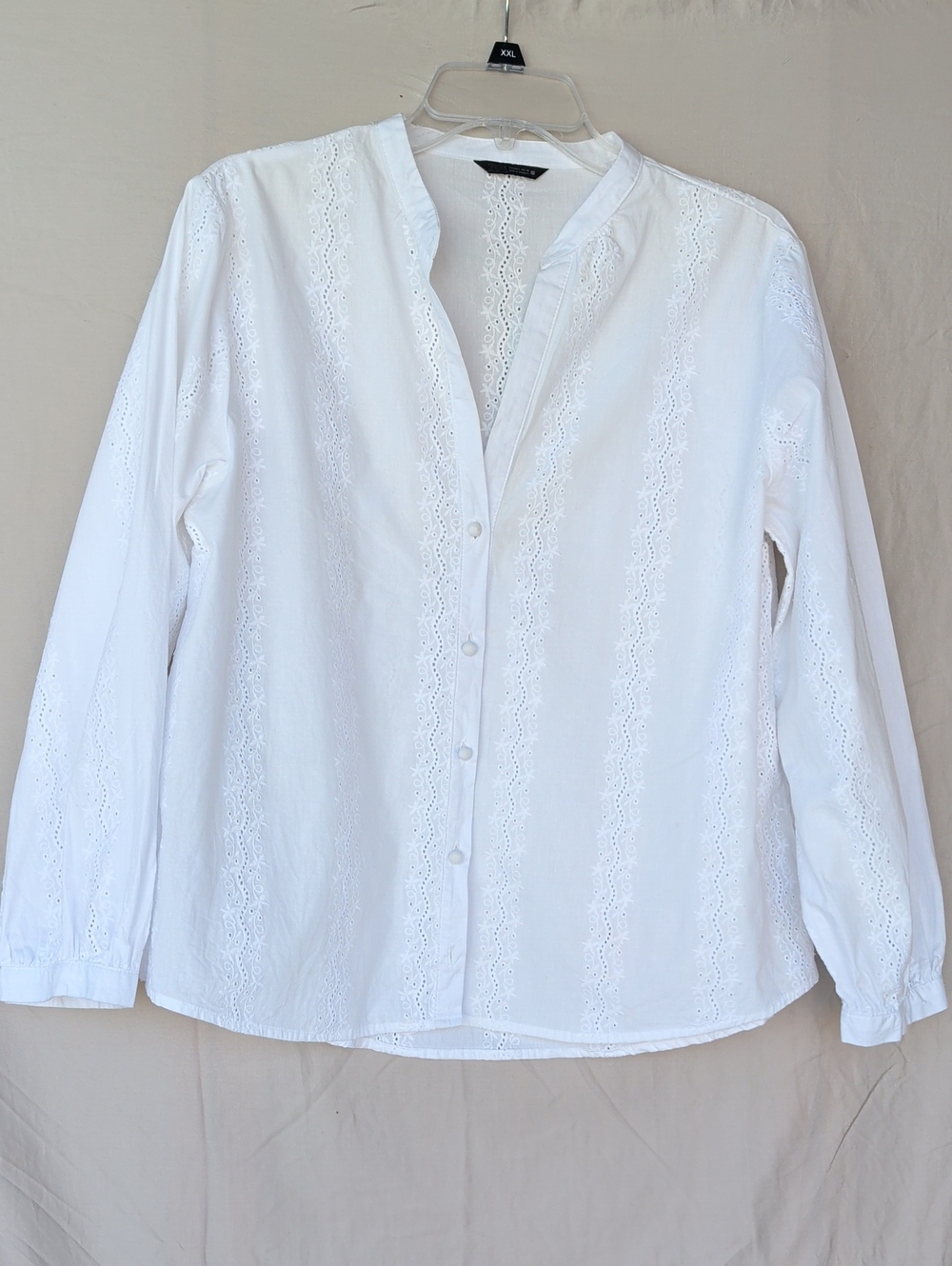 Zara White Eyelet Embroidered Button-Up Blouse Cotton Bohemian Cottage Core